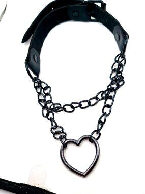 Gothic Double Black Chain Heart Choker-Necklace Vegan Leather-Black